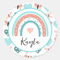Pink and Teal Rainbows, Butterflies and Hearts Classic Round Sticker
