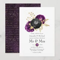 Black Purple and Gold Floral Gothic Wedding Invitation