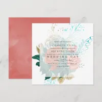 Turquoise and Coral Watercolor Floral Wedding Invitation