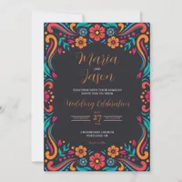 Mexican Black Floral Traditional Folk Art Wedding Invitation