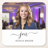 Modern Elegant Custom Name Monogram Script Photo Square Paper Coaster