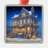 Snowy Christmas House Metal Ornament