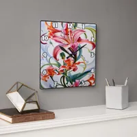 Lily Flowers in Vibrant Colors on Light Background Square Wall Clock