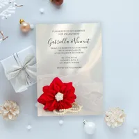 Red Poinsettia and Pearls Winter Engagement Party Invitation