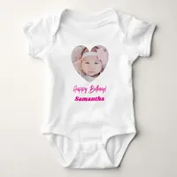 Photo heart name birthday girl pink baby bodysuit