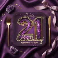 Purple Amethyst Crystal Gold 21st Birthday Paper Plates