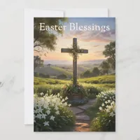 Easter Blessings Cross on Hill Holiday Card