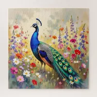 Blue and Turquoise Peacock in Flowers Jigsaw Puzzle