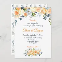 Navy Blue and Coral Watercolor Floral Wedding Invitation