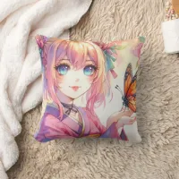 Anime Girl Holding a Butterfly Personalized Throw Pillow