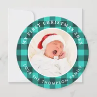 My First Christmas Photo Teal Plaid Circular Holiday Card