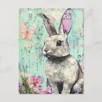 Mixed Media Rabbit Pink Butterfly and Flowers Postcard