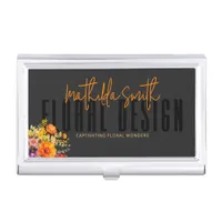 Sophisticated Floral Design Black Orange Flowers  Business Card Case