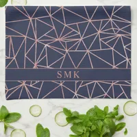Elegant Rose Gold Foil Geometric Polygon Navy Blue Kitchen Towel