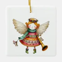 Cute Christmas Folk Art Angel Ceramic Ornament