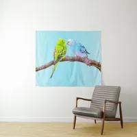 Cute budgie couple in green and blue tapestry