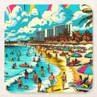 Beach with a Comic Book Pop Art Vibe Square Paper Coaster