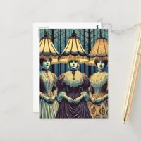 Three Women the Forest With Lampshade Hats Retro Postcard