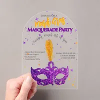 Violet and Orange Sparkles Mask Mardi Gras Party  Acrylic Invitations