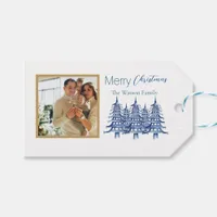 Blue and white Pagoda Merry Christmas Tree 1-Photo Gift Tags