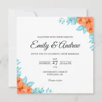 Orange Teal Bloom Floral Watercolor Square Wedding Invitation