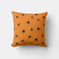 Scary Black Spider Pattern on Orange Halloween Throw Pillow