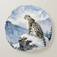 A Snow Leopard on Snowy Peak Round Pillow