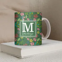 Girly Bohemian Flowers Forest Green Monogram Coffee Mug