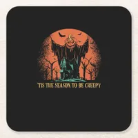 Tis The Season To Be Creepy Pumpkin Square Paper Coaster