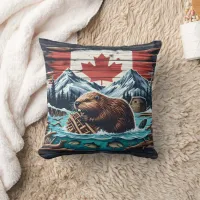 Beaver Building Dam in Canadian Wilderness Scene Throw Pillow