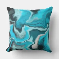 Blue, Black and White Marble Fluid Art Outdoor Pillow