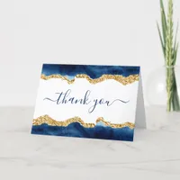 Signature Script Navy Blue And Gold Watercolor Thank You Card