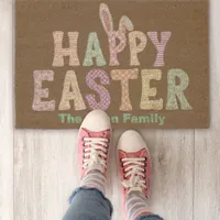 Bunny Ears Happy Easter Family Name Cute Welcome  Fiber Doormat