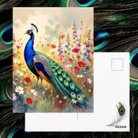 Pretty Peacock in Floral Meadow | Saying Hi Postcard