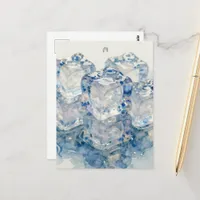 Melting ice cubes realistic blue watercolor  postcard