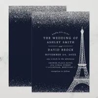 Paris Eiffel Tower Silver Confetti Navy Wedding Invitation
