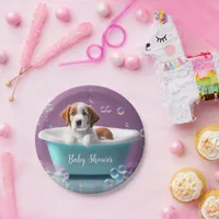 Cute puppy in a bathtub with soap bubbles paper plates