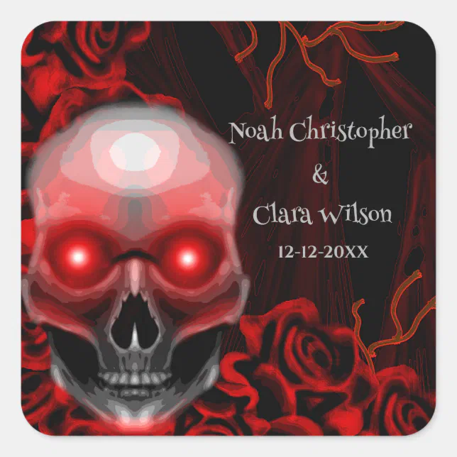 Black red floral dark moody gothic skull halloween square sticker