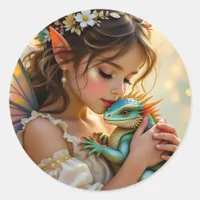 Fairy and Dragon Mystical Girl's   Classic Round Sticker