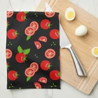 Juicy Red Tomato Pattern on Black Kitchen Towel