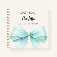 Guest book teal green cream bow birthday