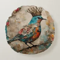 Bird in a Crown Mixed Media Collage Round Pillow