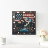 Moose Against American Flag and Mountain Landscape Square Wall Clock