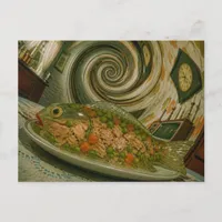 retro tuna, peas, and carrots gelatin fish  postcard