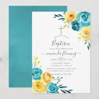 Turquoise and Yellow Watercolor Floral Baptism Invitation