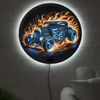 Vintage hotrod racing down a fiery track LED sign