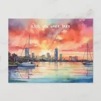 Watercolor sunset over Miami from Biscayne Bay Postcard