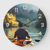 Man Kayaking on a lake surrounded by Trees  Large Clock