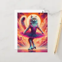 Adorable Ice Skating Cat in Pink Postcard