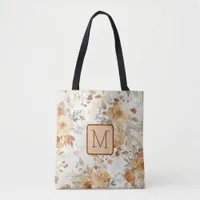 Autumn Floral Botanical Print Color Block Monogram Tote Bag